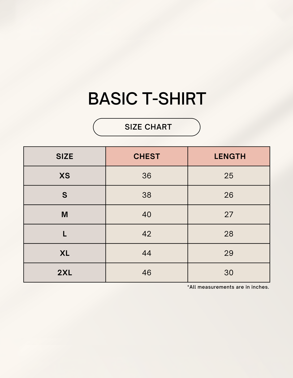 Basic Tee Size Chart Basic Tee Size Chart